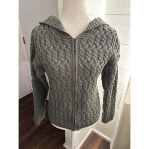 Inis Crafts Sweater Womens Small Green 100% Merino Wool Hooded Full Zip Ireland